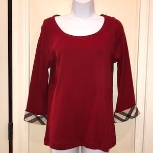 Burberry red 3/4 length sleeve top w checked cuffs